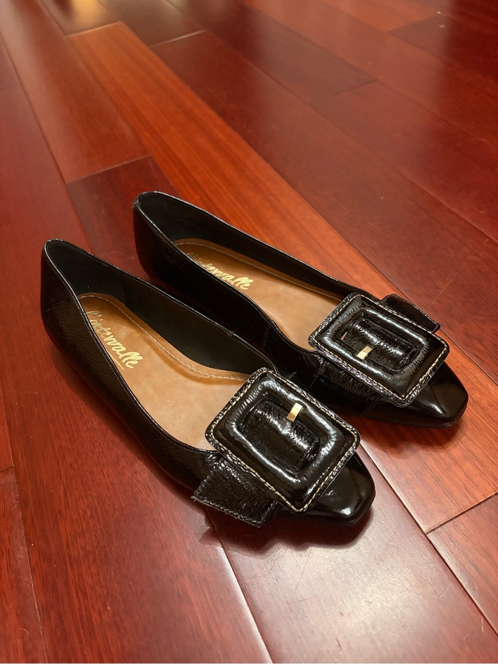 Patent Black Pointed Toe Flats with Statement Buckle